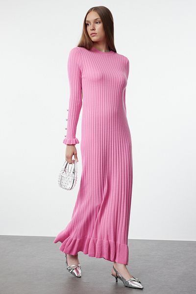 Trendyol Modest Rochie roz cu fustă cu volane, tricotaje cu nervuri TCTAW25EB00016