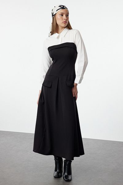 Trendyol Modest Košilový límec černé tkané šaty - TCTAW25EB00076