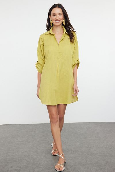 Trendyol Collection Λαδί πράσινο υφαντό 100% βαμβακερό μίνι φόρεμα παραλίας TBESS21EL3979
