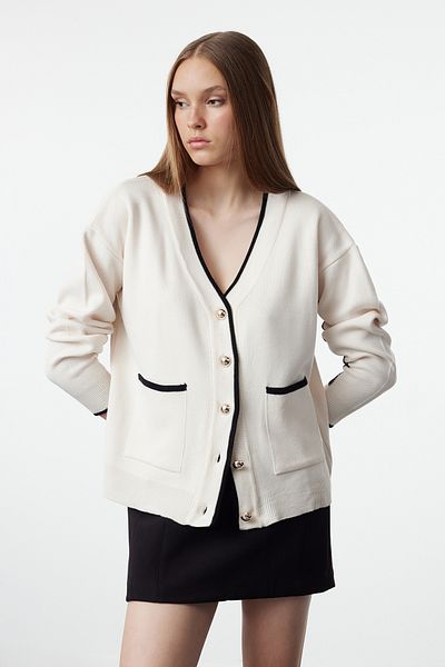 Trendyol Collection Ecru Button Detailed Color Block Wide Fit Knitwear Cardigan Twoaw25Hi00256