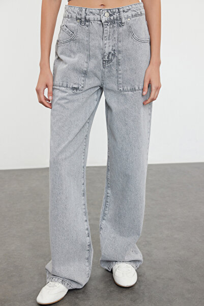 Trendyol Collection High Waist Gray Wide Leg Jeans - Pocket Detailed TWOAW25JE00027