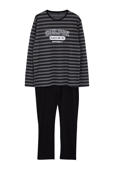 Trendyol Collection Schwarz gestreiftes Herren-Pyjama-Set mit normaler Passform, gestrickt, TMNAW25PT00026