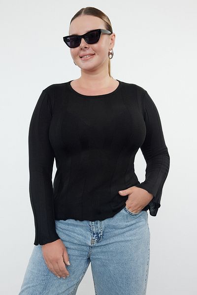 Trendyol Curve Ribbed Thin Knitwear Sweater - Black, Crew Neck TBBAW25AN00044