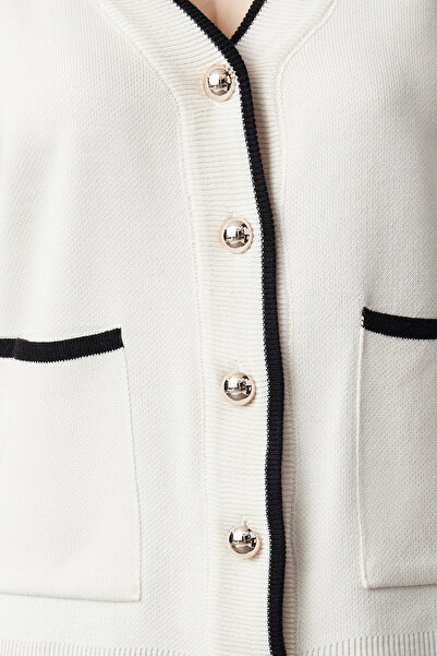 Trendyol Collection Ecru Button Detailed Color Block Wide Fit Knitwear Cardigan TWOAW25HI00256