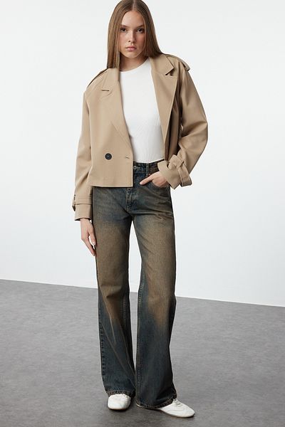 Trendyol Collection Blugi vintage cu talie înaltă cu efect pal, albastru închis, cu picioare late TWOSS24JE00018