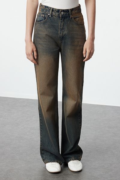 Trendyol Collection Blugi vintage cu talie înaltă cu efect pal, albastru închis, cu picioare late TWOSS24JE00018