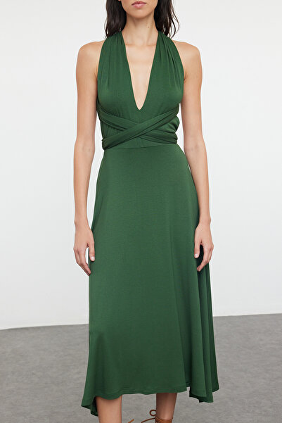 Trendyol Collection TBESS24EL00162 Μοντέλο Χακί Μίντι Πλεκτό Φόρεμα Παραλίας - Δαντέλα