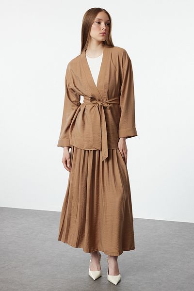 Trendyol Modest Belted Camel Kimono and Pleated Skirt Set - TCTSS24US00086