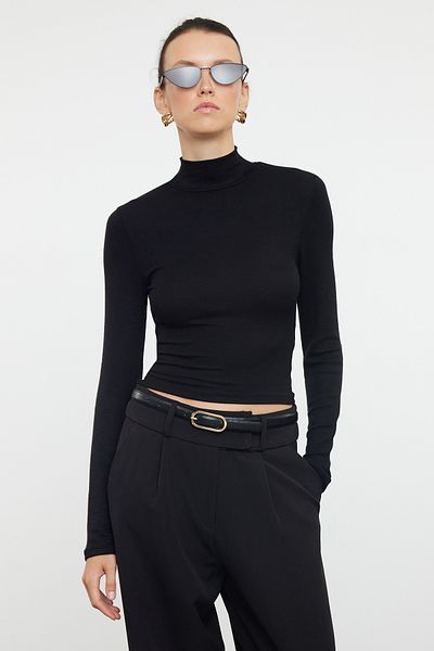 Trendyol Collection Stand Collar Μαύρη Πλεκτή Μπλούζα Crop - TWOAW25BZ00037