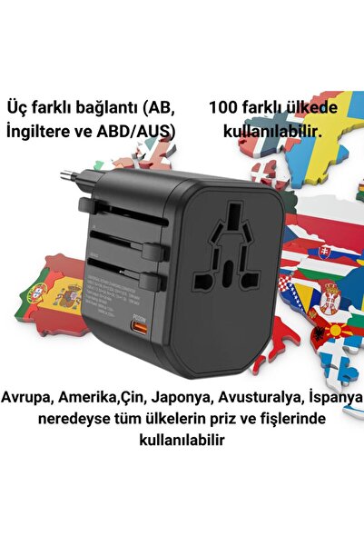 Polham 250v Priz Çevirici Başlık, Avrupa, Usa, Ingiliz Priz Çevirici, 2x Usb, 1x Type C Şarj Başlığı