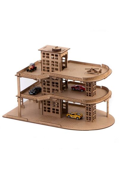 Uçandaire Natural Wood Paintable 3-Storey Car Parking Lot with Elevator 66 Pieces Wooden Puzzle Hobby Toy