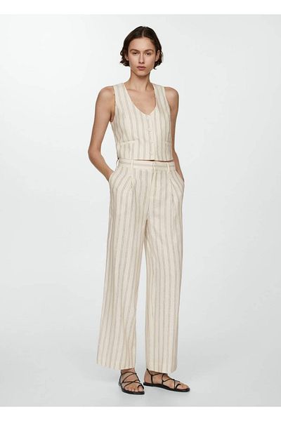 MANGO Woman Linen Striped Mixed Trousers