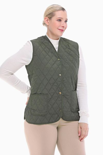 VETRE Women's Large Size Plaid Khaki Quilted Vest 1037