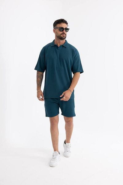 comstar Men's Basic Polo Neck T-Shirt Shorts Blue Double Set