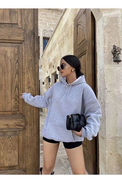 NOFLEN Unisex Gray Oversize Hooded Cotton Winter Sweatshirt Hoodie