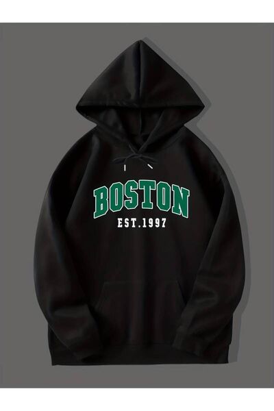 NOFLEN Hanorac oversize unisex negru cu imprimeu Boston