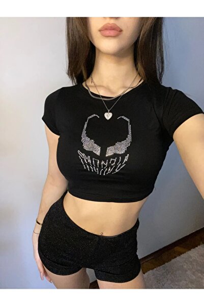 1blood Siyah Parıltılı Taşlı Venom Spiderman Örümcek Adam Desenli Kadın Crop ...