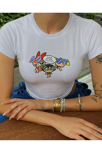 1blood Power Cute Printed White Crop