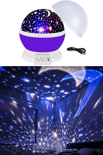 Janva Dönen Renkli Ay Yıldızlı Gökyüzü Projeksiyon Gece Lambası