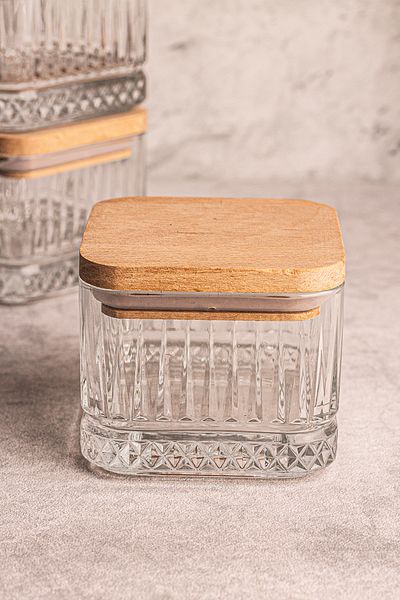 Snippy Bella Soft 4-Piece Square Wooden Vacuumed Glass Breakfast Snack Bowl with Square Lid 230 ml
