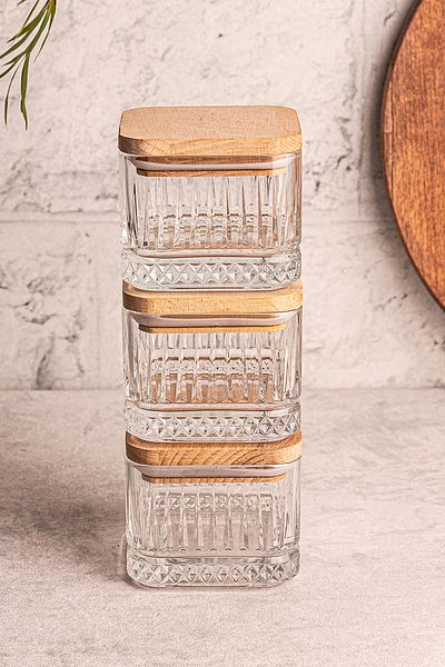Snippy Bella Soft 3-Piece Square Vacuumed Glass Breakfast Snack Bowl - Wooden Square Lid, 230 ml