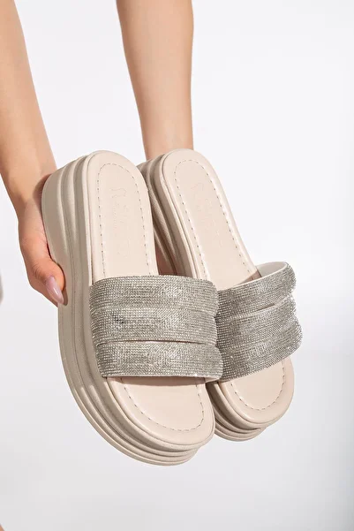 PARİS Stone Slippers Beige High Soled Orthopedic 5 cm 300