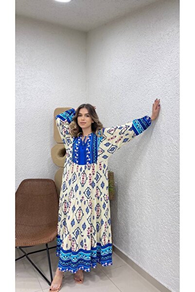 ZF BUTİK V-Neck Patterned Tied Long Dress