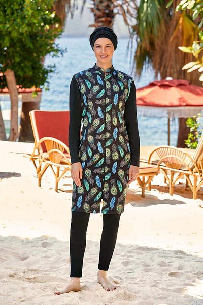 MEBA Μαγιό Rozamay Black Hijab - Μακρυμάνικο, Φερμουάρ, Σχέδιο με πούπουλα 9267