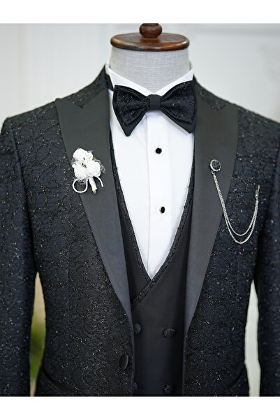 LONATOLİA Men's Tuxedo Groom Suit Jacquard Swallow Collar Italian Cut Slim Fit Jacket Vest Pants Bow Tie