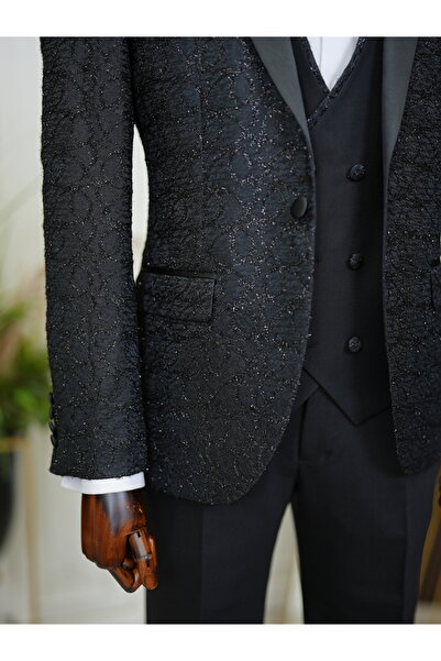 LONATOLİA Men's Tuxedo Groom Suit Jacquard Swallow Collar Italian Cut Slim Fit Jacket Vest Pants Bow Tie