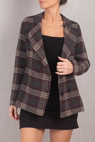 armonika Ženska jakna od kašmira sa dimljenim kariranim uzorkom i četiri gumb...