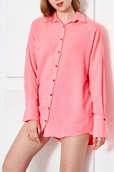 armonika Női neonrózsaszín túlméretezett texturált vászon megjelenésű széles mandzsetta ing kar-24k001001