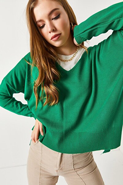 armonika Women's Green V-Neck Front Short Rear Long Knitwear Sweater ARM-22Y012013