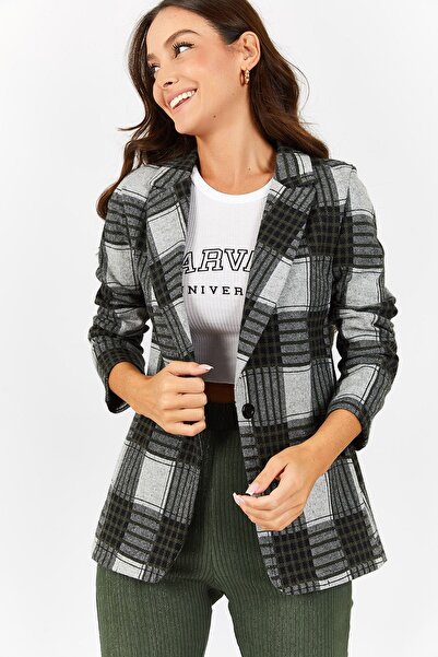 armonika Ženska jakna kaki boje sa jednim dugmetom i Karirano uzorka ARM-22Y0...