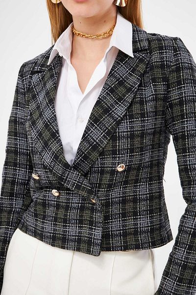 armonika Γυναικείο Χακί Διπλό Μπουφάν Tweed Crop γιακά ARM-24K001014
