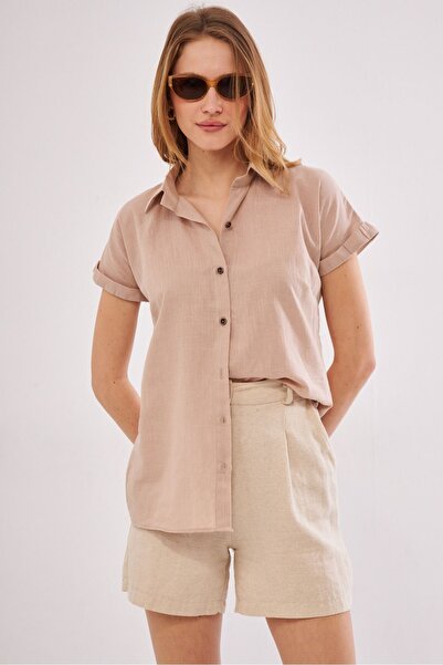 armonika Női bézs rövid ujjú vászon ing ARM-24Y001038