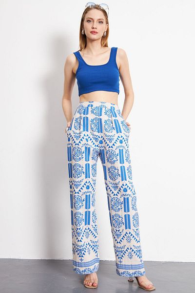 armonika Blaue gemusterte Palazzo-Hose aus Leinen für Damen - Taschen, ARM-24Y001069