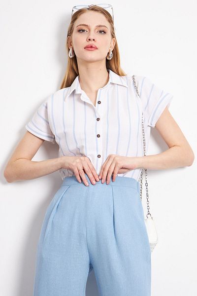 armonika Baby Blue ριγέ γυναικείο πουκάμισο - κοντομάνικο ARM-24Y001067