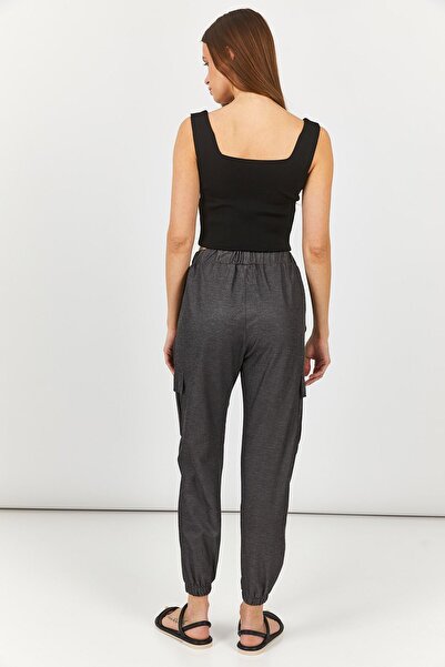 armonika Dámské antracitové elastické kalhoty v pase a nohavicích Cargo kalhoty-23y001068