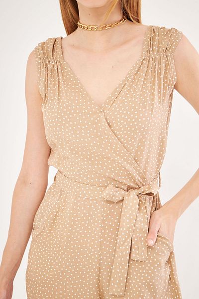 armonika Double Breasted Collar and Shoulder Detailed Cream Jumpsuit - V Belted, Long ARM-24Y001049
