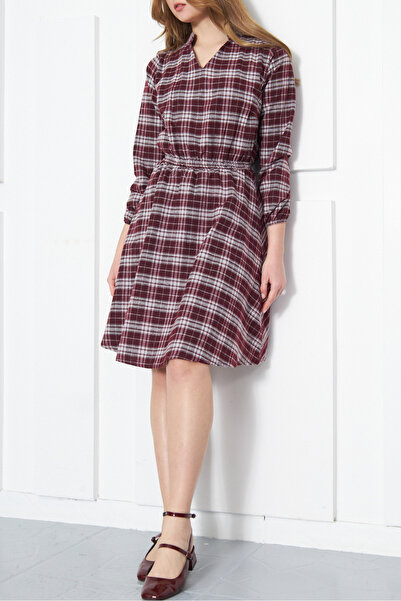 armonika Ženska tamnobordo haljina sa V-izrezom i elastičnim strukom Karirano...