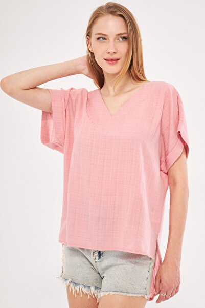 armonika Dried Rose V-Neck Slit Double Sleeve Oversize Women's Blouse - ARM-24Y001074