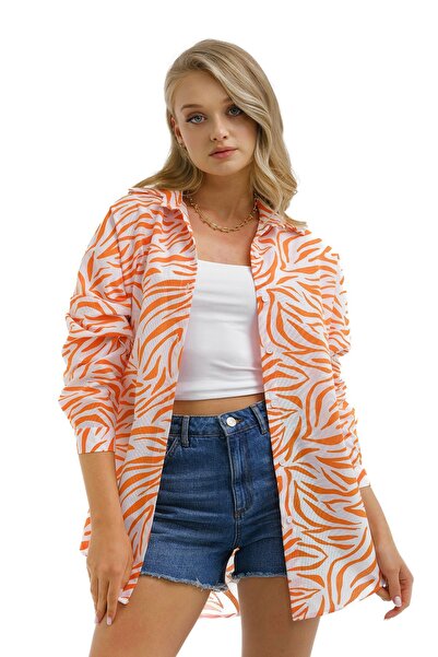armonika Kadın Turuncu Zebra Desen Oversize Uzun Basic Gömlek Arm-22y001145