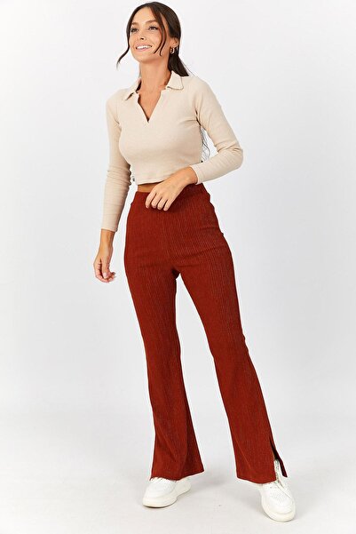 armonika Pantaloni evazați din catifea pentru femei, cu talie elastică, cu fa...