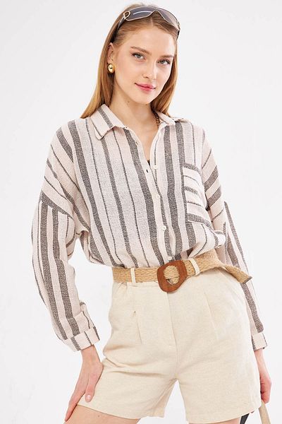 armonika Hnědá dámská košile s dlouhým rukávem, plisovaná záda, detailní pruhovaná oversize - ARM-24Y001053