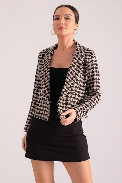 armonika Women's Dark Mink Double Breasted Collar Tweed Crop Jacket
