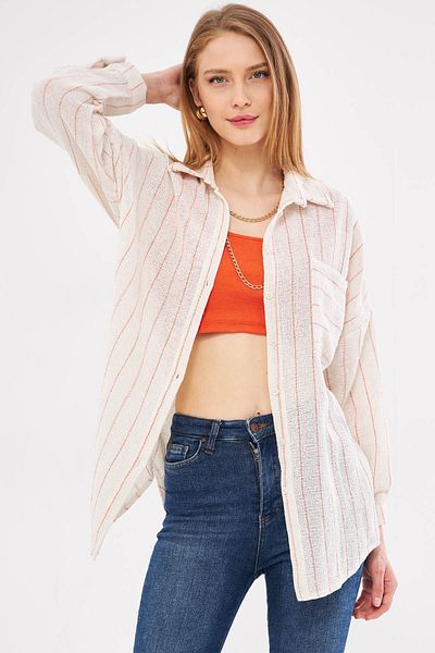 armonika Světle oranžová pruhovaná oversize dámská košile – dlouhý rukáv, detail kapsy, zadní plisovaná – ARM-24Y001053