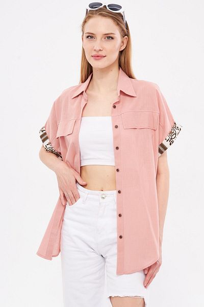 armonika Cămașă oversize Dried Rose pentru femei - Detaliu cu mâneci duble, ARM-24Y001075
