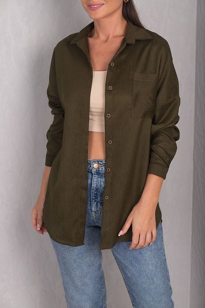 armonika Dámská tmavá khaki oversize sametová dlouhá základní košile s kapsami ARM-22Y001193