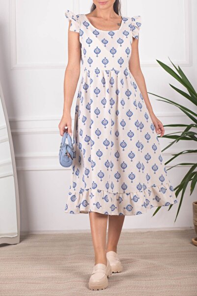 armonika Women's Blue Sleeve Frilled Back Zippered Long Dress ARM-23Y001114